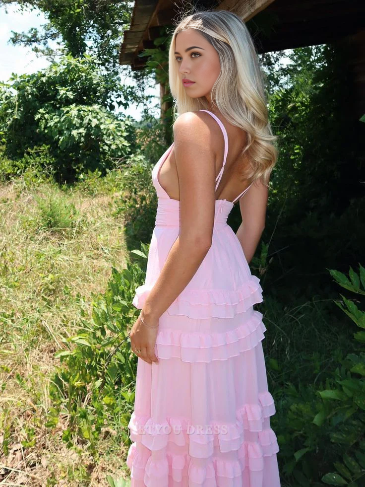A Line V-Neck Spaghetti Straps Ruffles Pink formal dresses Bridesmaid Dresses evening gown Prom Dress